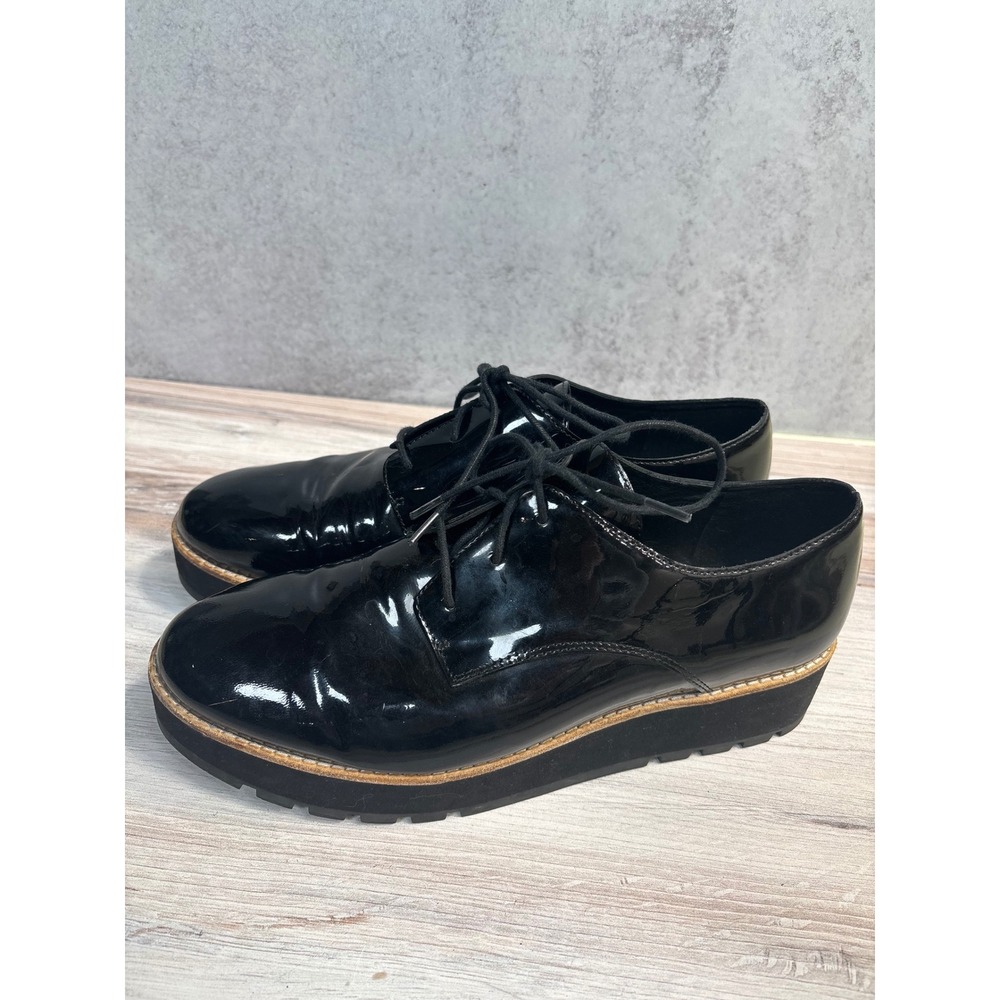 Eileen Fisher Eddy Derby SZ 9 Black Patent Leather Lace Up Oxford Platform Shoes